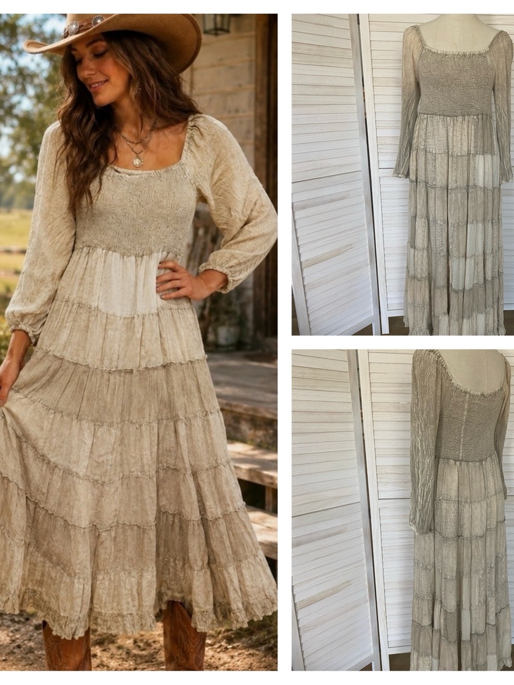 Young Threads Smocked Tiered Maxi Dress in Neutral Taupe-Beige SZ L NWT